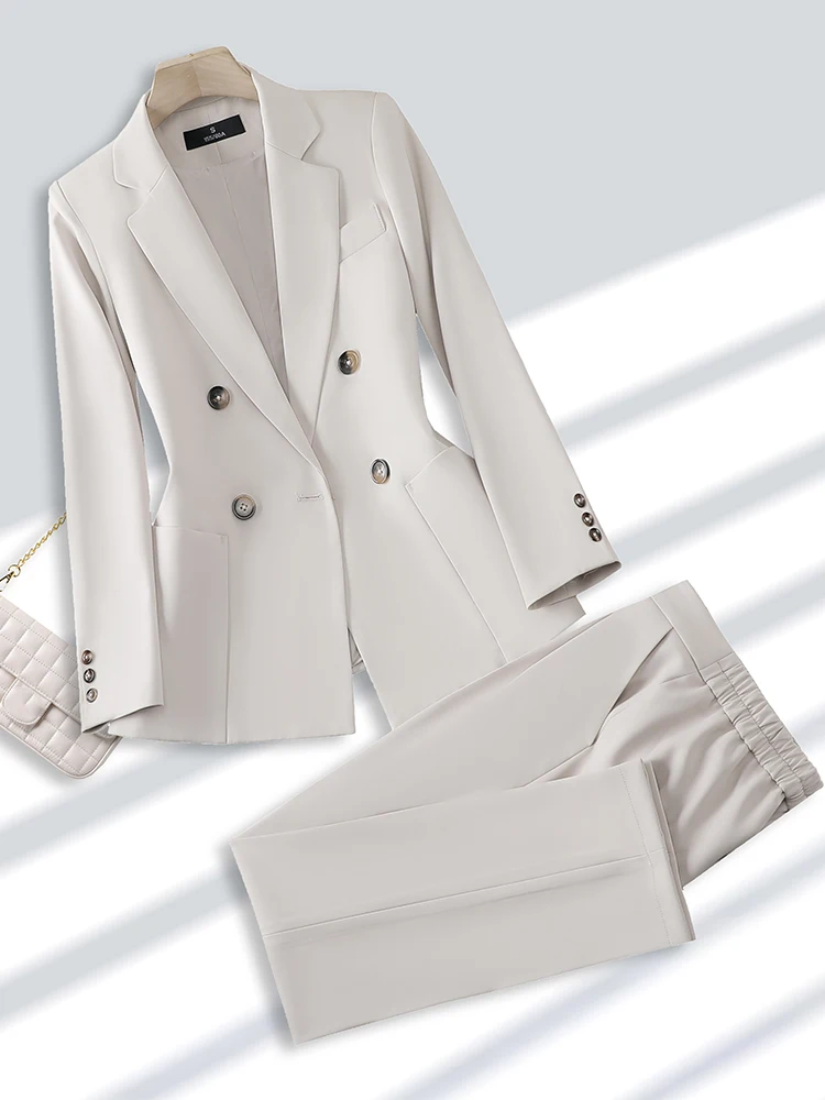 Blazer e calças para mulheres, calça formal para escritório, negócios e roupas de trabalho, moda feminina, bege, preto, cáqui, conjunto de duas
