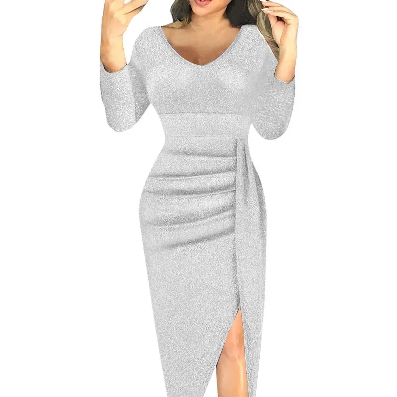 2023 신상 가을 우아한 솔리드 V넥 랩 힙 슬림핏 스플라이스 드레스 여성스러운 출근룩 주름 스플릿 이브닝 드레스