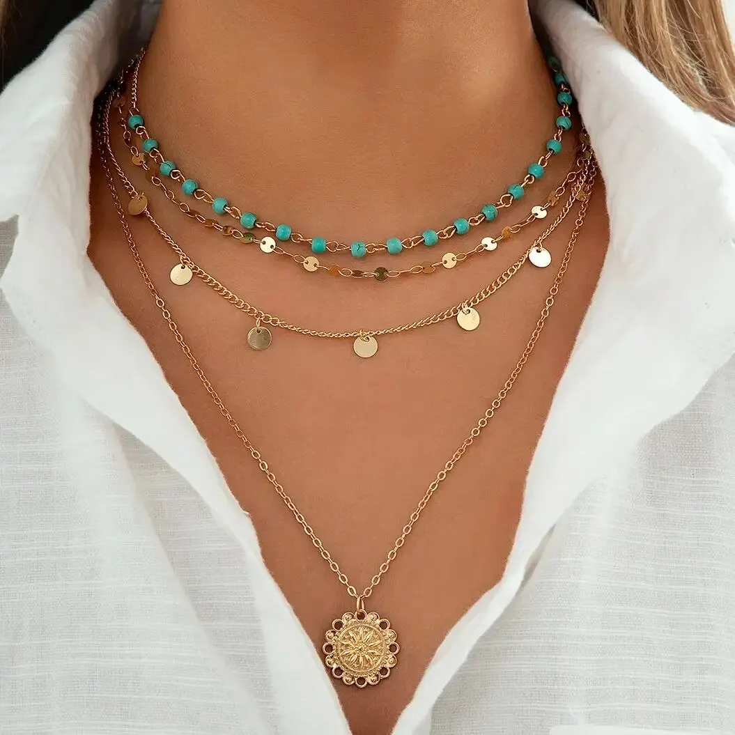 4 teile/satz Boho Stein Blume Platte Anhänger Choker Halskette für Frauen Vintage Gold Farbe verstellbare Kette ästhetischen Schmuck Geschenk