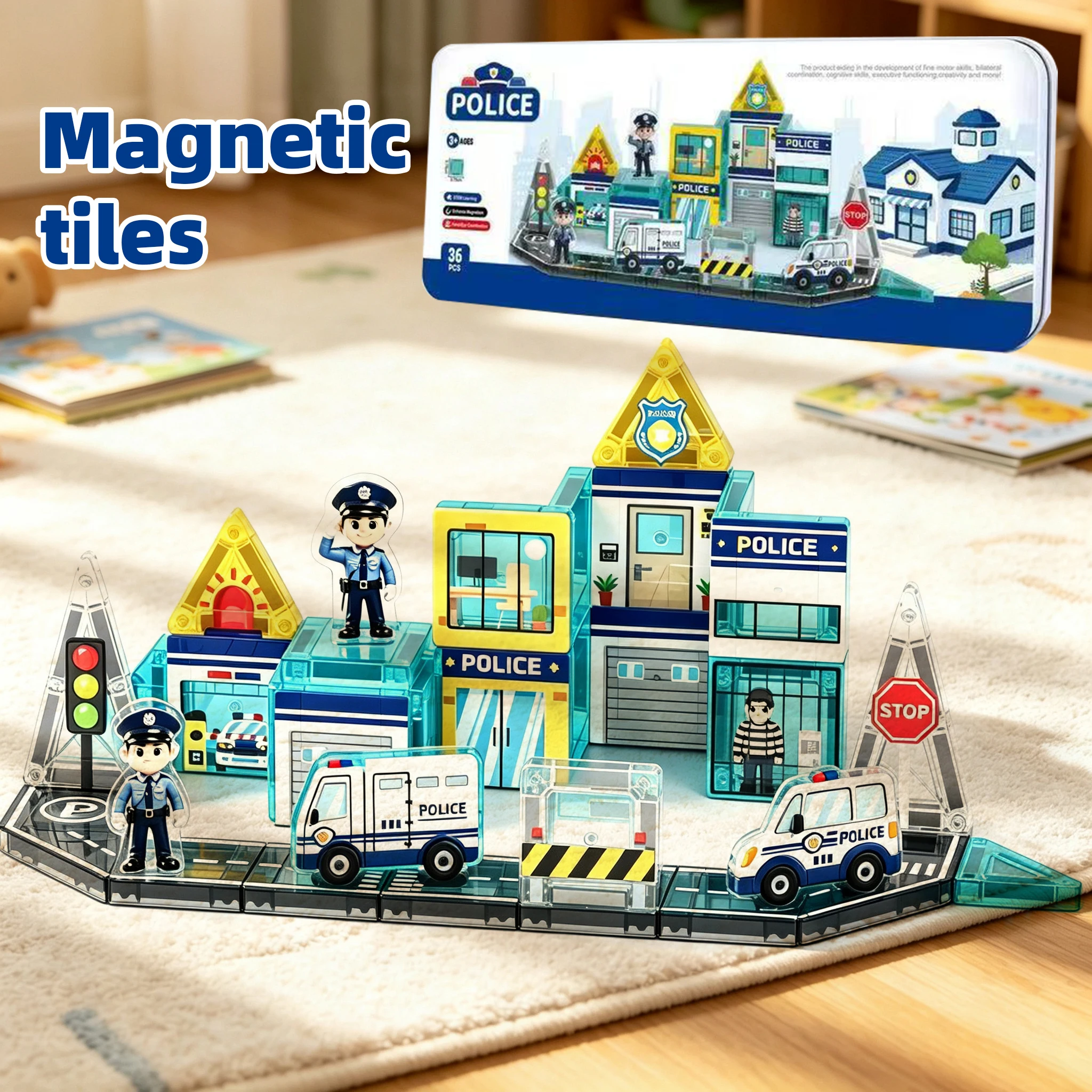 City-themed magnetic film travel portable iron box set of toys with colorful windows building blocks for tabletop games