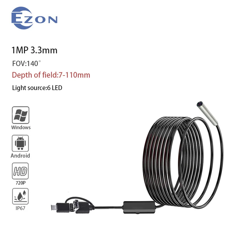 

1MP 3.3mm 140° wide angle industrial endoscope camera for pipeline inspection 1.5m USB 3-in-1 soft cable industrial endoscope