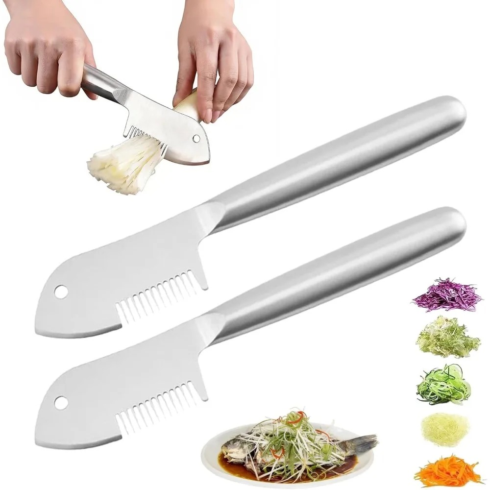 Stainless Steel Multi-Purpose Julienne Knife, 2-in-1 Green Onion Cutter&Vegetable Slicer, Precision Julienne Blade for Scallion Shredder, Ergonomic Kitchen Shredder Tool with Hanging Hole (2)