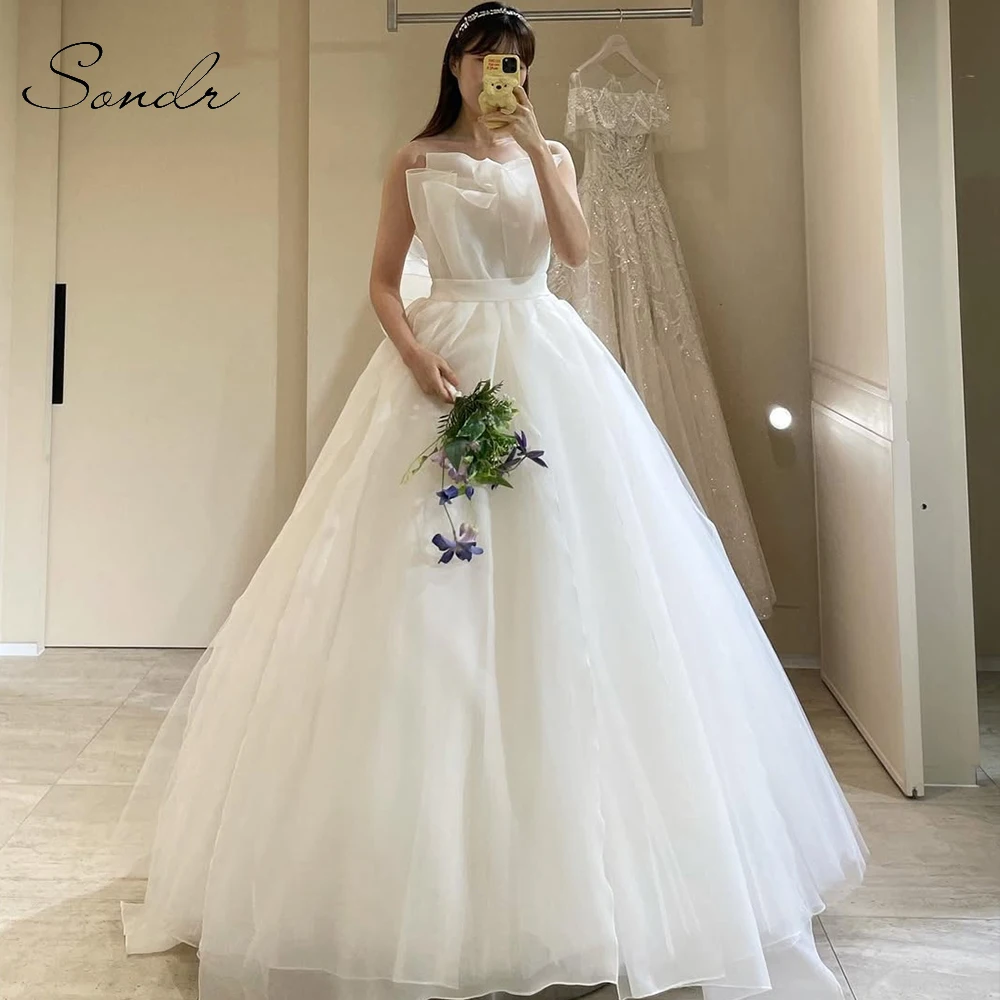 Sondr seda organza vestidos de casamento coreano personalizado sem alças plissado vestidos de noiva uma linha recepção casamento snap vestidos