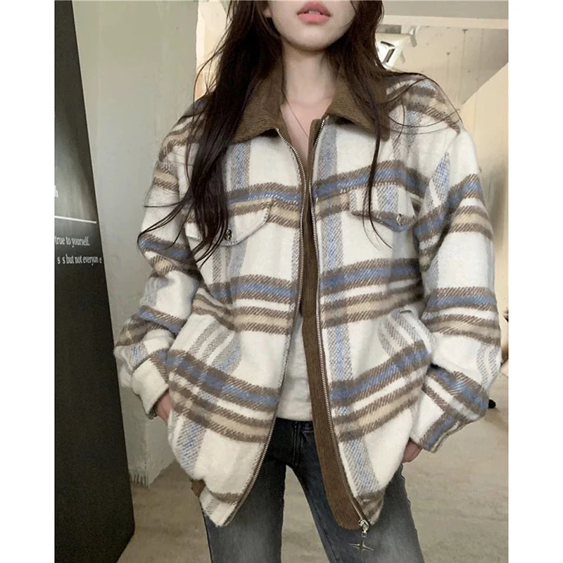 American Tweed Jackets Women Fall Winter Loose Casual Patchwork Plaid Coats Fashion Streetwear Female Autumn All Match Outwear