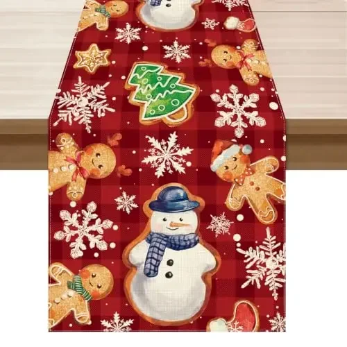 Kitchen Table Runner Xmas Gingerbread Man Snowman Cookie Buffalo Check Gingham Holiday Party Desk Cloth