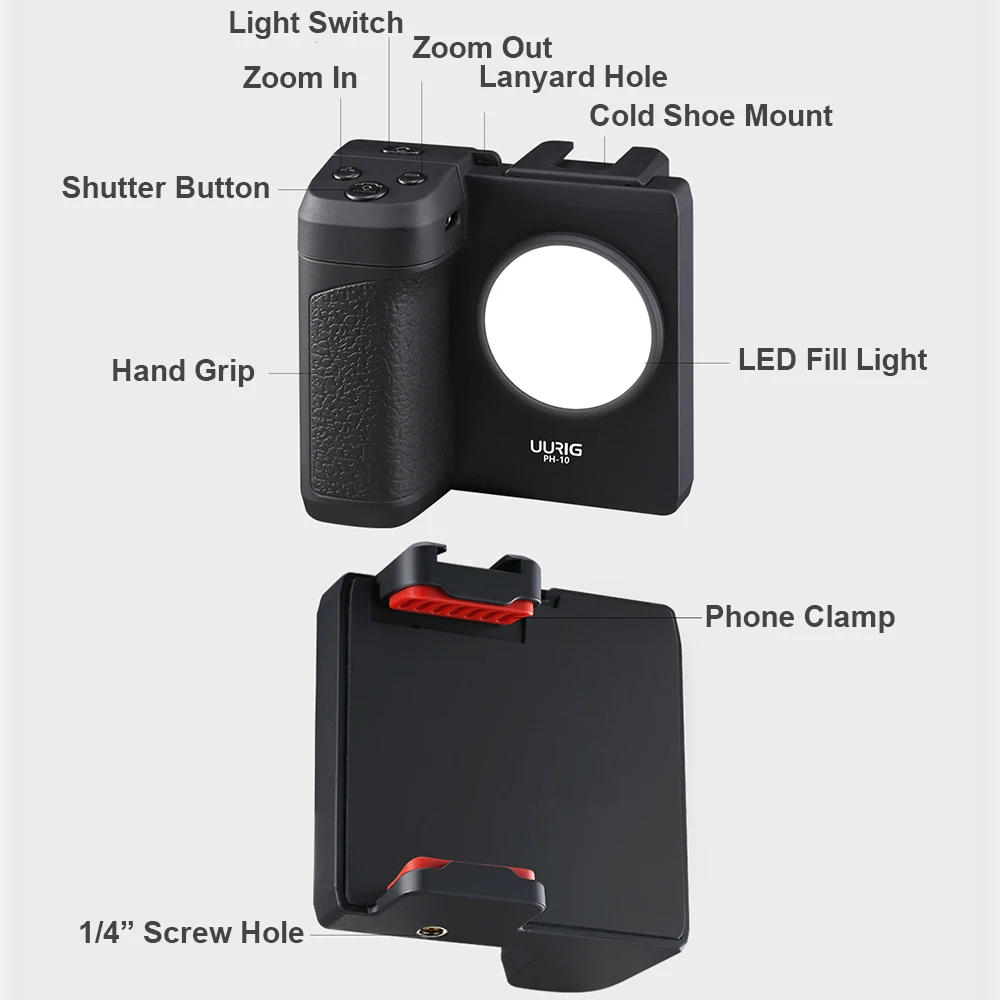 UURIG PH-10 Wireless Handheld Selfie Booster Grip with Cold Shoe 1/4 Inch Screw Hole Built-in LED Fill Light Battery