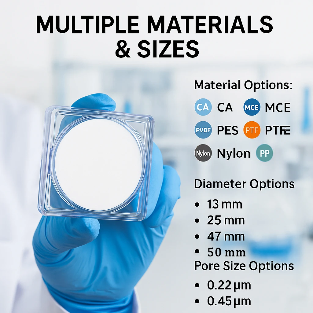 Filtros de membrana microporosa CA MCE PVDF PES PTFE Nylon 13mm 25mm 47mm 50mm 0.22um 0.45um Filtración de precisión de grado de laboratorio