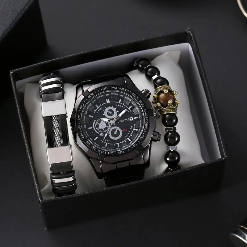 

New live hot sale men's steel band set watch fashion three eyes calendar men's watch 3pcs quartz waterproof watch