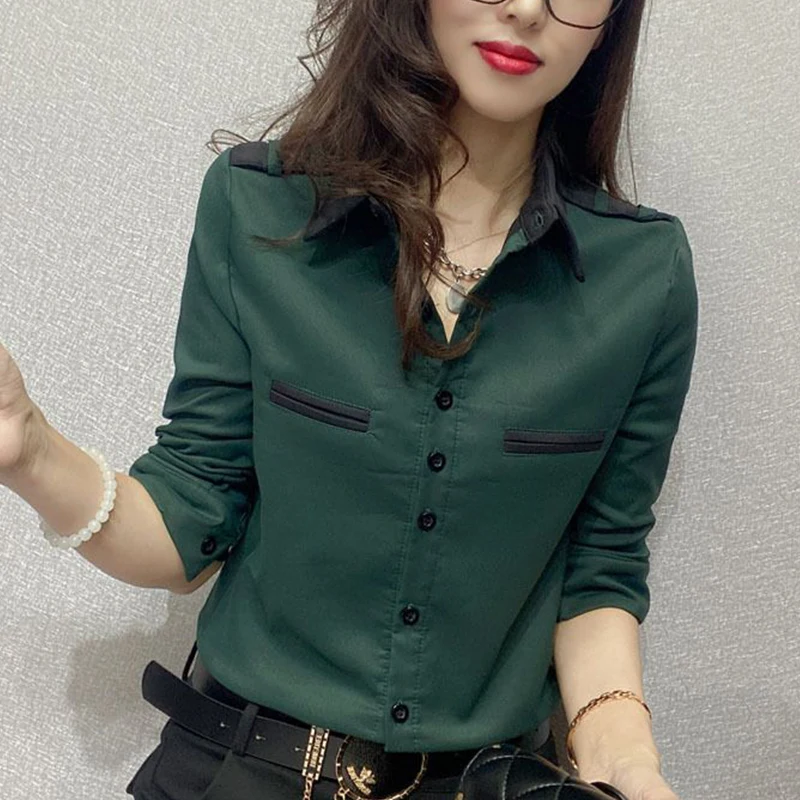 Spring Summer Korean Fashion Patchwork Elegant Shirt Female Long Sleeve Slim Blouse Top Women All-match Bottomiong Cardigans