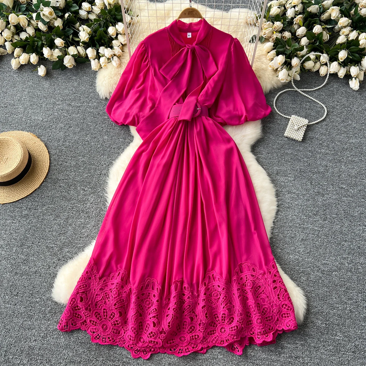 Retro-elegantes Kleid im französischen Stil Frauen Bogen Schnürung Laterne Ärmel schlanke Taille A-Linie Robe Haken Blume Spleißen große Schaukel Vestidos