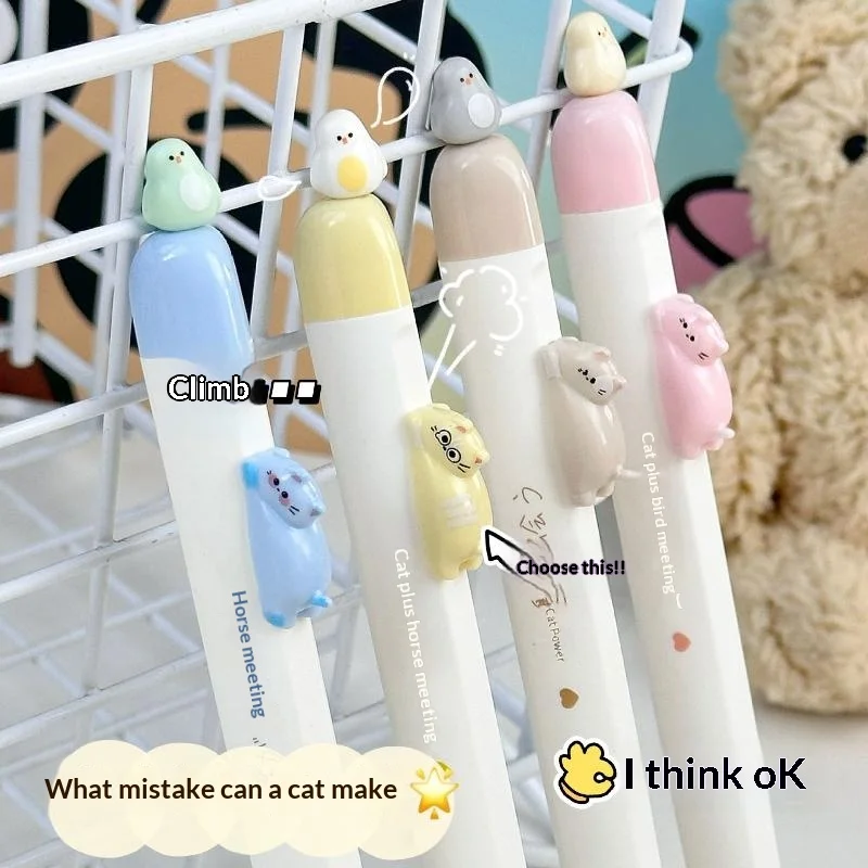 4-Pack Fun Magnetic Bird Cat Gel Pens Retractable Press Pens 0.5mm Fine Tip Fast Drying Ink Cute Stationery For Cat Lovers