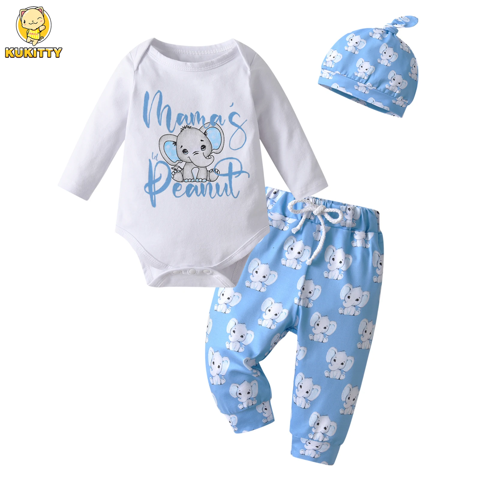 3PCS Baby Boy Clothes Set Spring Autumn Printed Long Sleeve O-neck Romper + infant Pants + Cap Casual Newborn Outfit