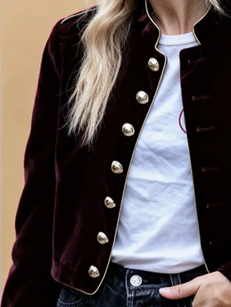 Women's Elegant Velvet Retro Style Jacket Long Sleeves Gold Button Trimmed Party Evening Office Day-to-Night Outerwear