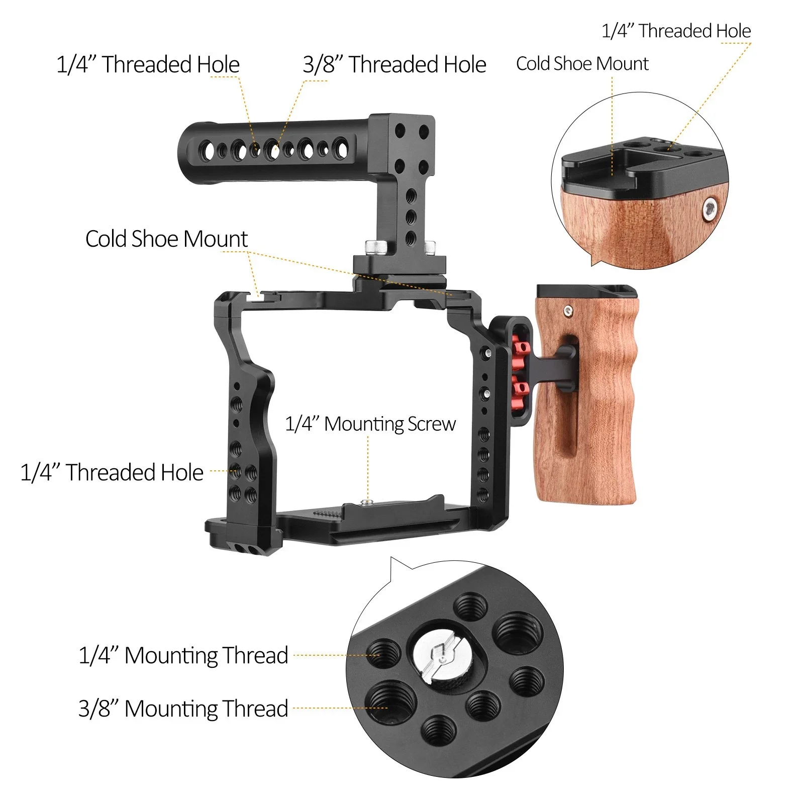 Camera Video Cage + Top Handle + Side Wooden Grip Kit Aluminum Alloy with Dual Cold Shoe Mounts for Sony A7IV/ A7III/ A7II/ A7R