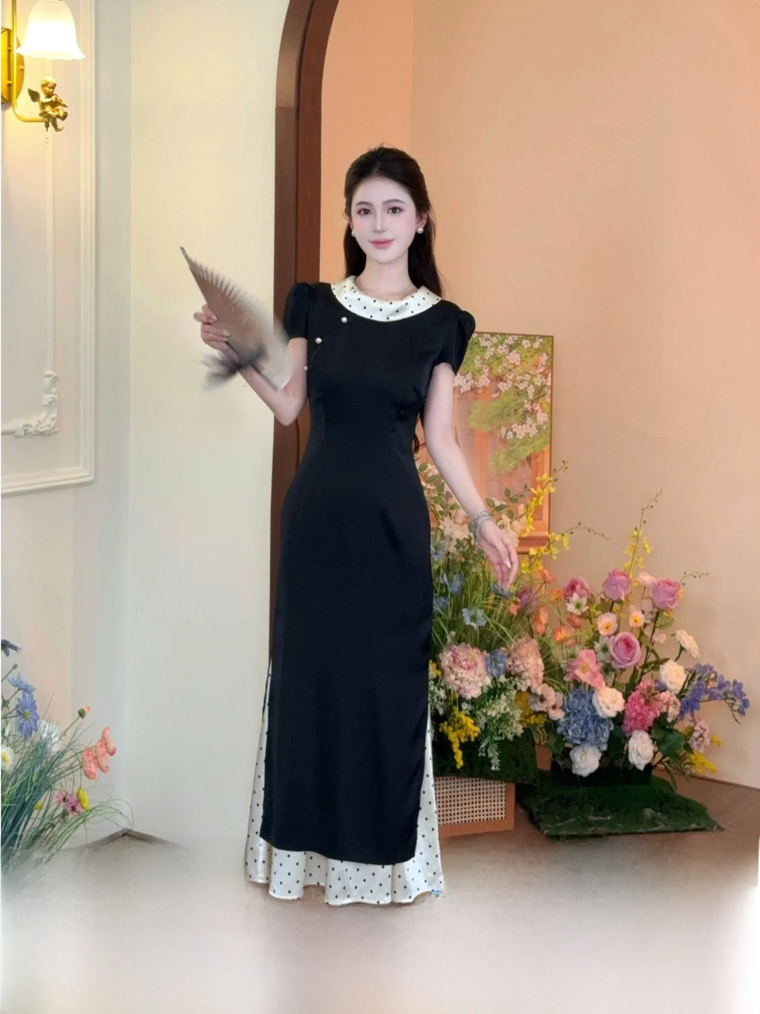 

Новая китайская летняя женская макси-юбка в горошек LiLi, домашняя трапециевидная юбка с высокой талией, мягкая полиэфирная ткань