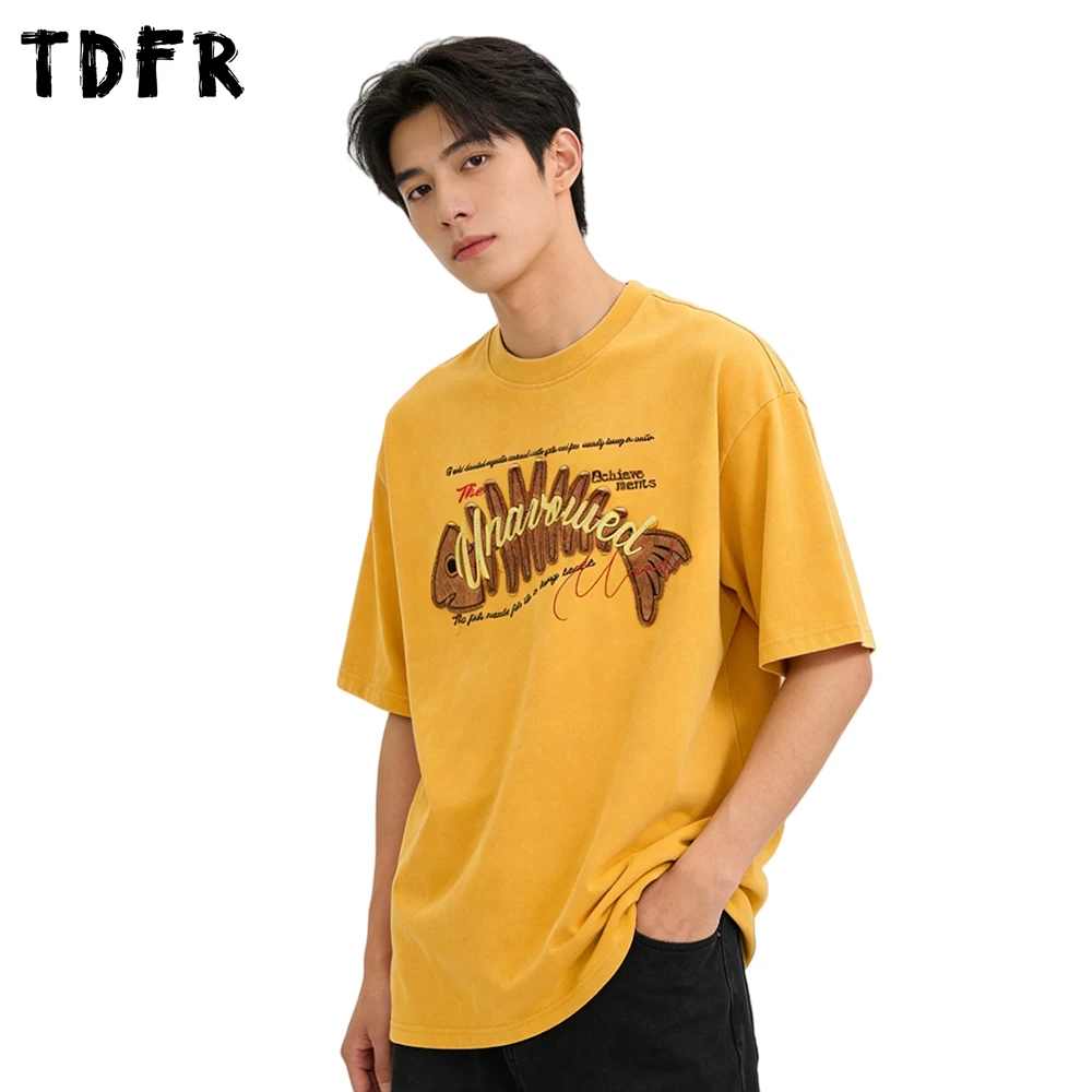 Creative Patch Embroidery Short Sleeve T-shirt Mens Summer Retro Casual Loose Half-Sleeve Crew Neck Cotton Tee Man Tshirt