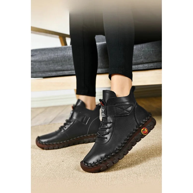 Winter Fleece-Lined Warm Cotton Boots - Women's British Style Fashionable & Versatile Velcro High-Top Flat Shoes