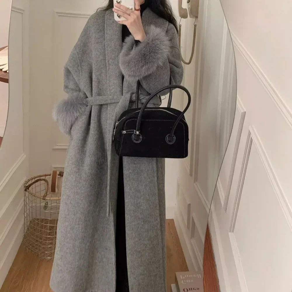 Fox Fur Cuffs Long Woolen Coat Real Fox Fur Jacket Female Bathrobe Double-sided Cashmere Coat Women 2024 Autumn Winter New