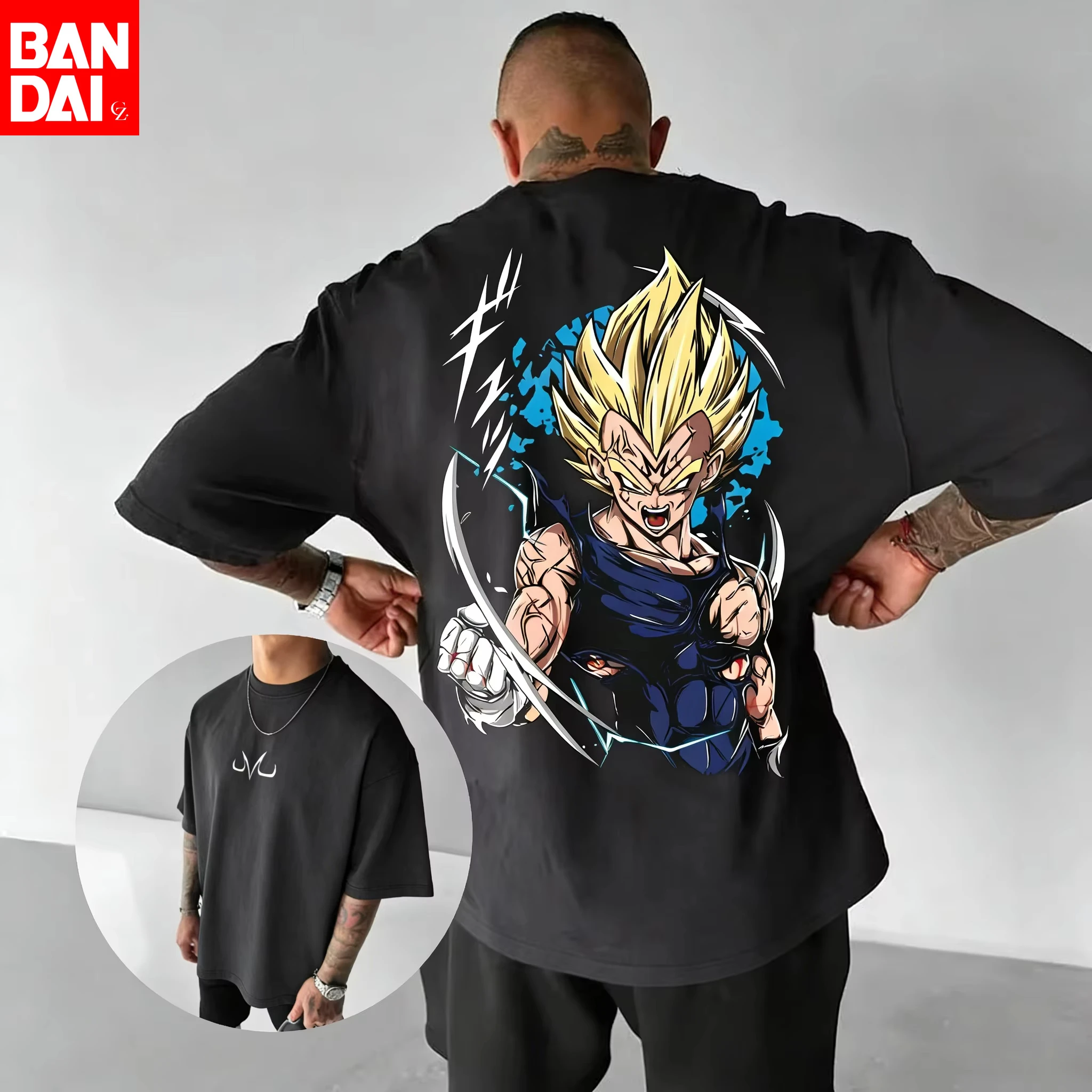 

Футболка Dragon Ball Z Majin Vegeta Super Saiyan Form Blue Splash с японскими ономатопеями, двойной печатью, оверсайз, винтажная, из выстиранного хлопка