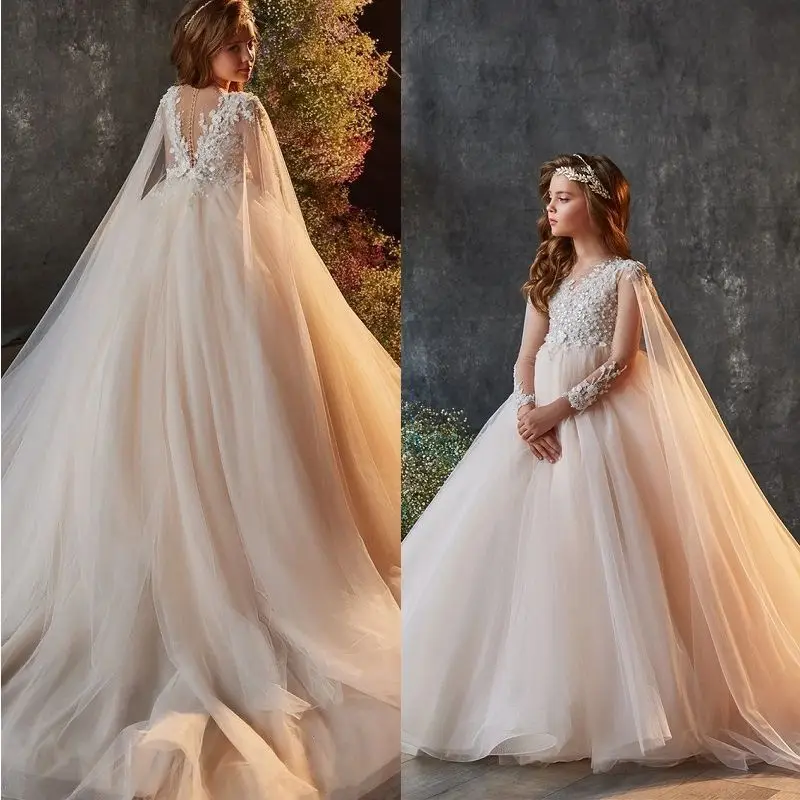 2026 New Children Girls Formal Dress Clothes Kids Birthday Piano Host Violin Long Sleeve Sweep Train Flower Girl Wedding Costume