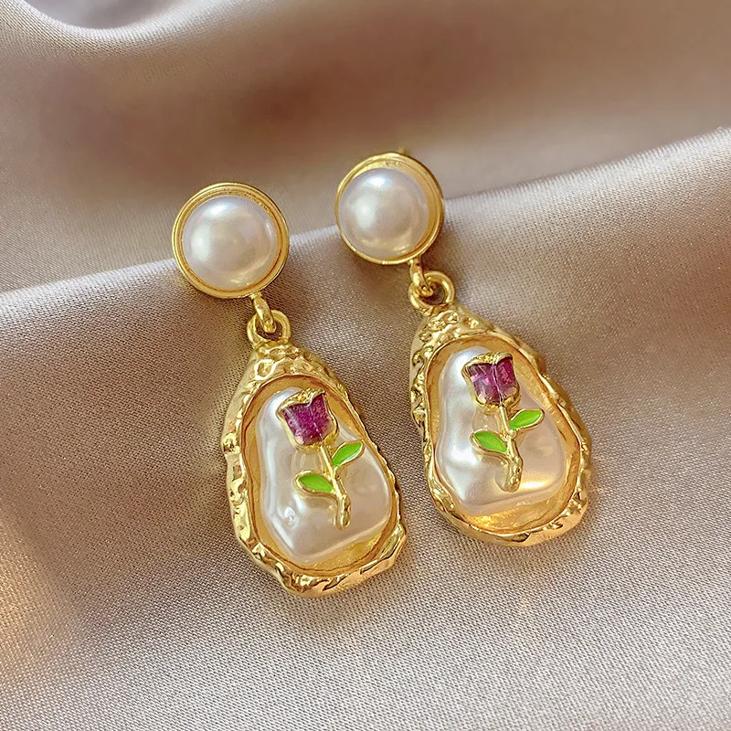 Baroque Purple Rose Flower Women's Dangle Earrings Imitation Pearl Top Irregular Geometry Pendants Hanging Earrings for Female