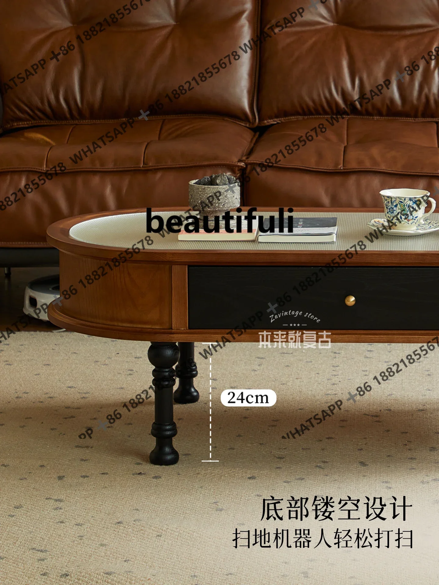 ZJFrench retro solid wood coffee table living room oval with drawers storage low table antique style