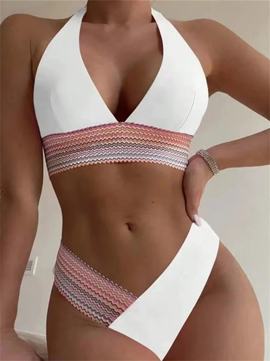 

Bikini 2024 White Knit Patchwork Micro Swimsuit Brazilian Halter Push Up Beach Bathing Suit Two Piece Swimwear Biquinis Feminino