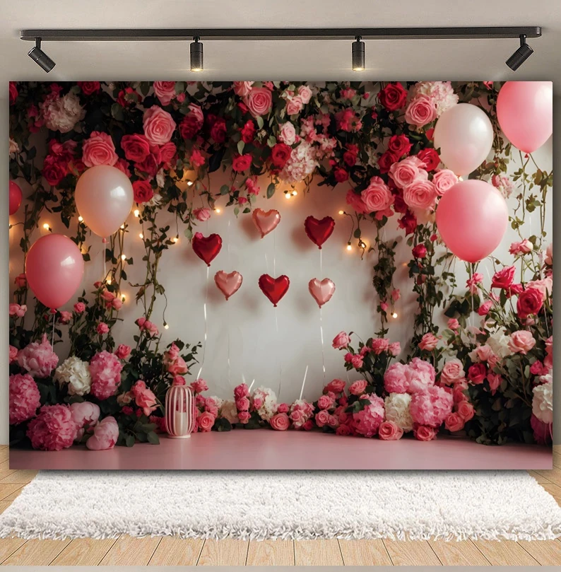 Valentine's Day Photography Backdrop February 14th Love Heart Flowers Balloon Bridal Shower Wedding Party Decor Photo Background