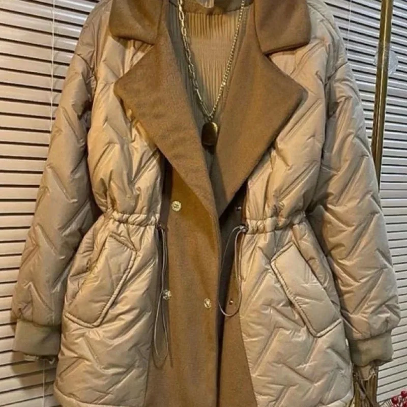 Women's Autumn Winter Top Coat Cotton Coat Solid Color Waist Drawstring Pocket Large Size Warm Retro Simple New Niche Versatile