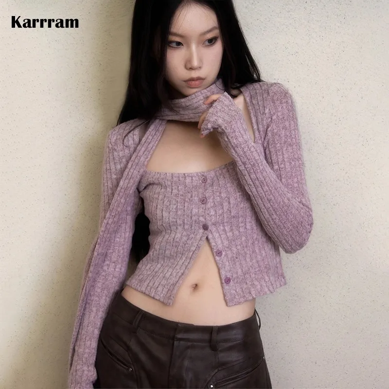 Karrram Japanese Y2k Short Cardigan With Scarf Korean Fashion Purple Knitwears Vintage Square Collar Crop Cardigans Aesthetics