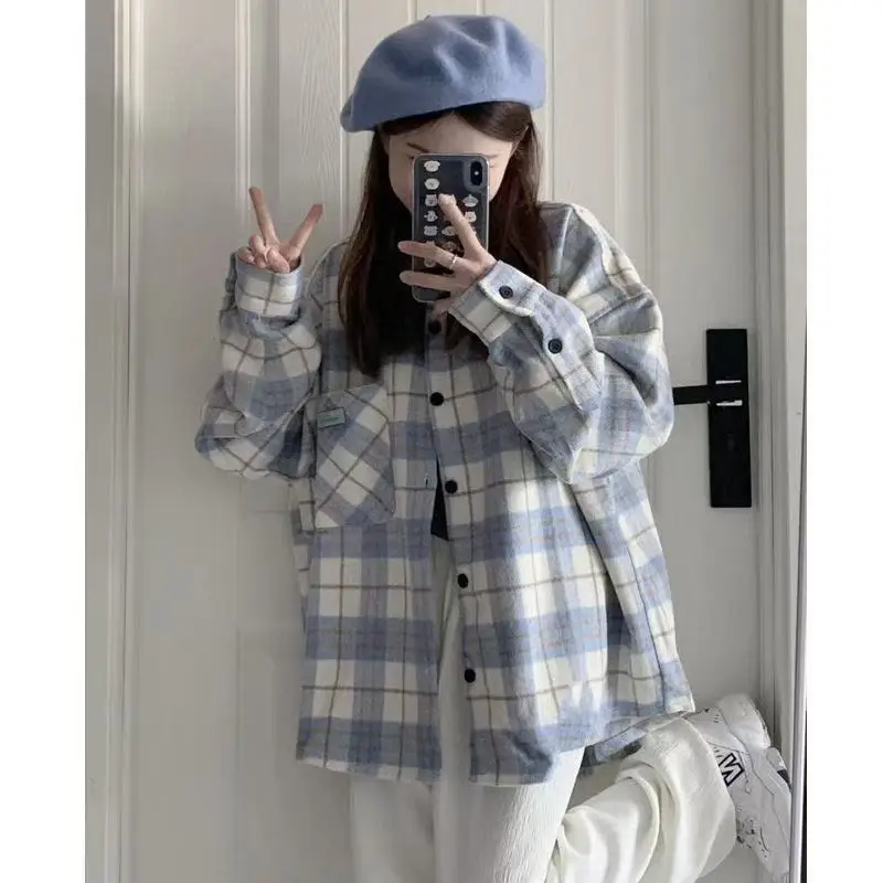 Camisa a cuadros con protección solar azul Ropa de abrigo fina de manga larga para mujer Primavera Otoño Estilo de Hong Kong Polo de tela de poliéster elegante C...