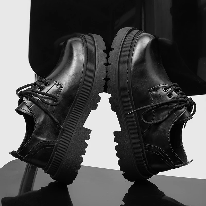 

Men's New thick soled leather shoes Classic designer casual style Work or business office Outdoor Black Trendy Youth Versatile