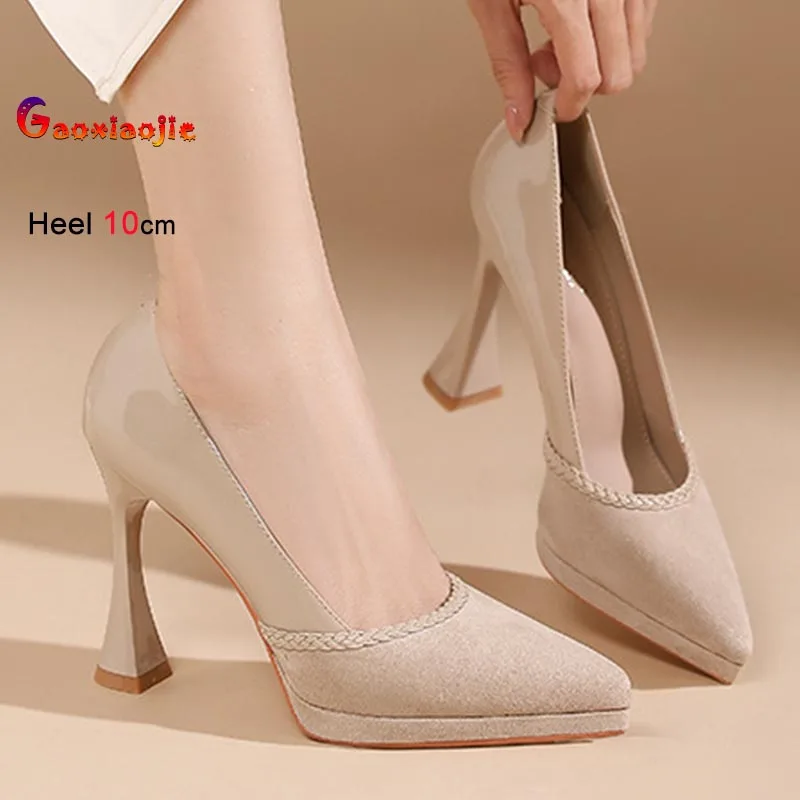 

2025 модные туфли подружки невесты на высоком каблуке 10 см, женские пикантные туфли-лодочки с неглубоким носком, замшевые туфли на шпильке с острым носком
