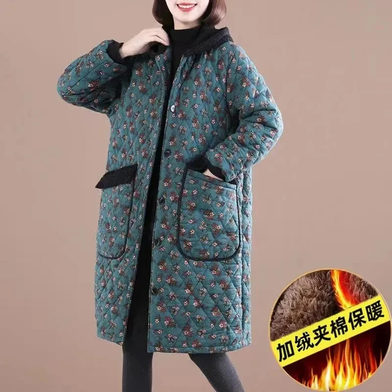 2023 Winter New Women\'s Cotton Parka Clothes Floral Folder Velvet Add Thick Keep Warm Hooded Ladies Mid-Length Cotton Coat