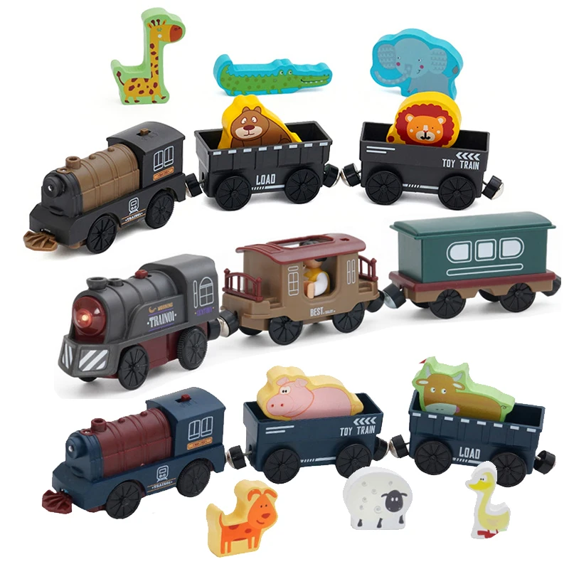 Toy Set Children Electric Magnetic Small Train Track Locomotive Animal Transport Car Suitable For Wooden Track Kids Toy Gift W02