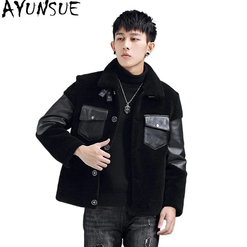 

AYUNSUE New Fashion Sheep Shearing Jacket Men Winter Sheepskin Leather Spliced 100% Wool Coats for Man Short Fur Coat Chaqueta