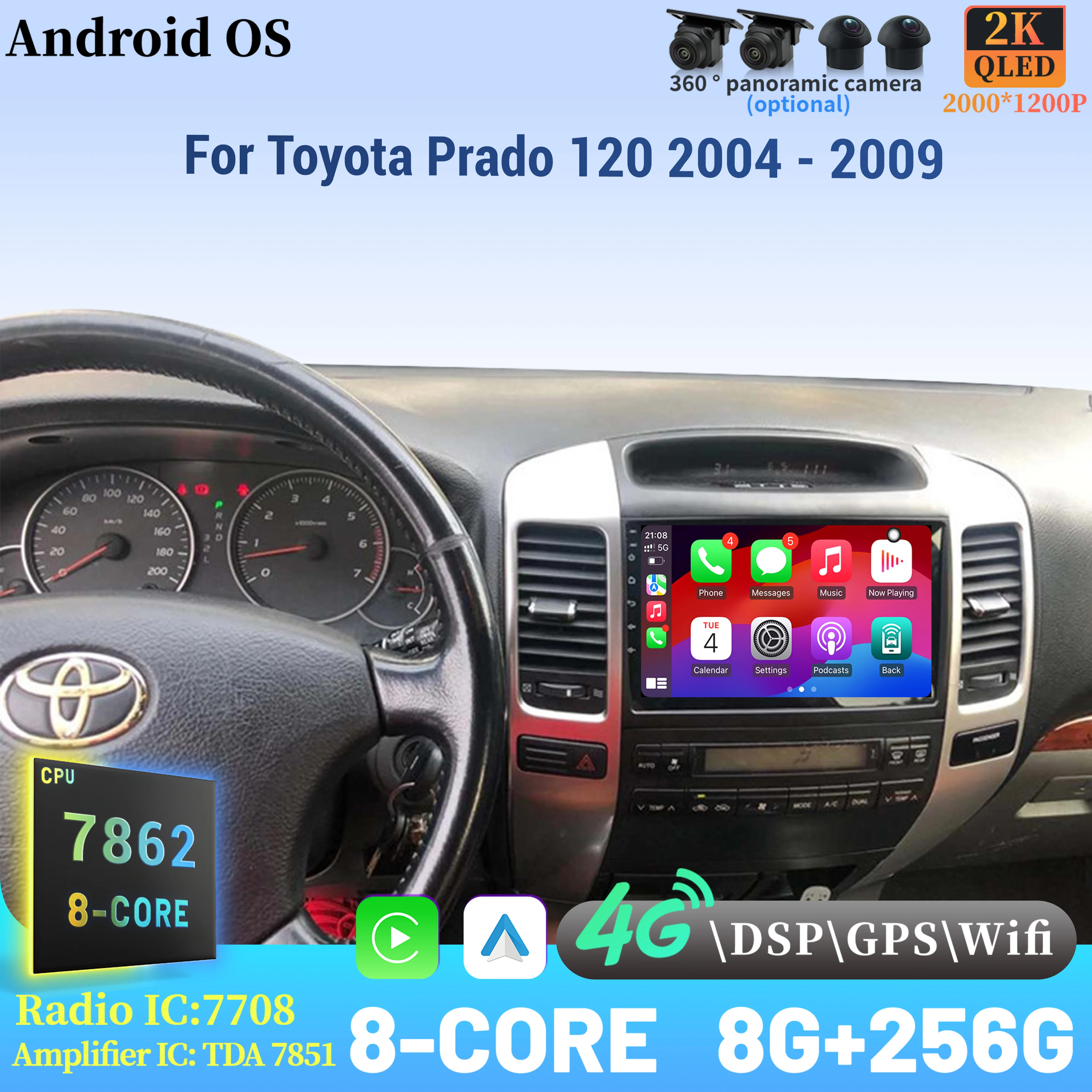 

Android 14 Radio Car Multimedia Player 7862 8+256 radio Touch Screen For Toyota Prado 120 2004 - 2009 Wireless CarPlay