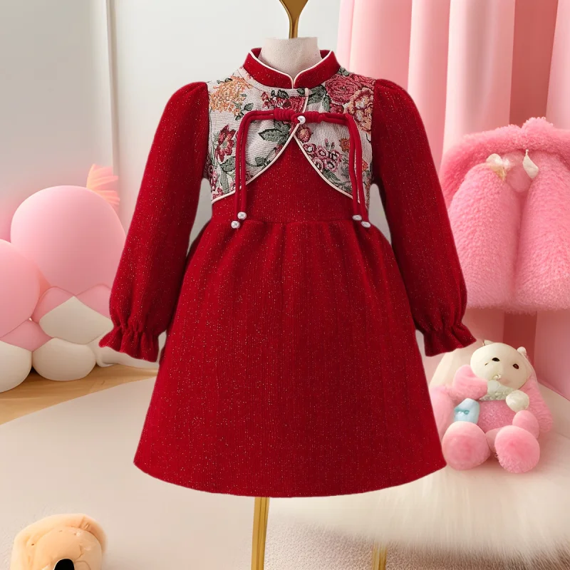 

Girls' Dress2025Autumn and Winter New Children's Palace Princess Dress Little Girl Chinese Style Red Cheongsam Dress