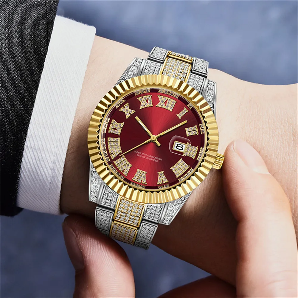 Relogio Masculino Men Brand Hip Hop Diamond Fashion Alloy Band Golden Date Luxury Watch sss Supply Montres de Marque de Luxe Hot