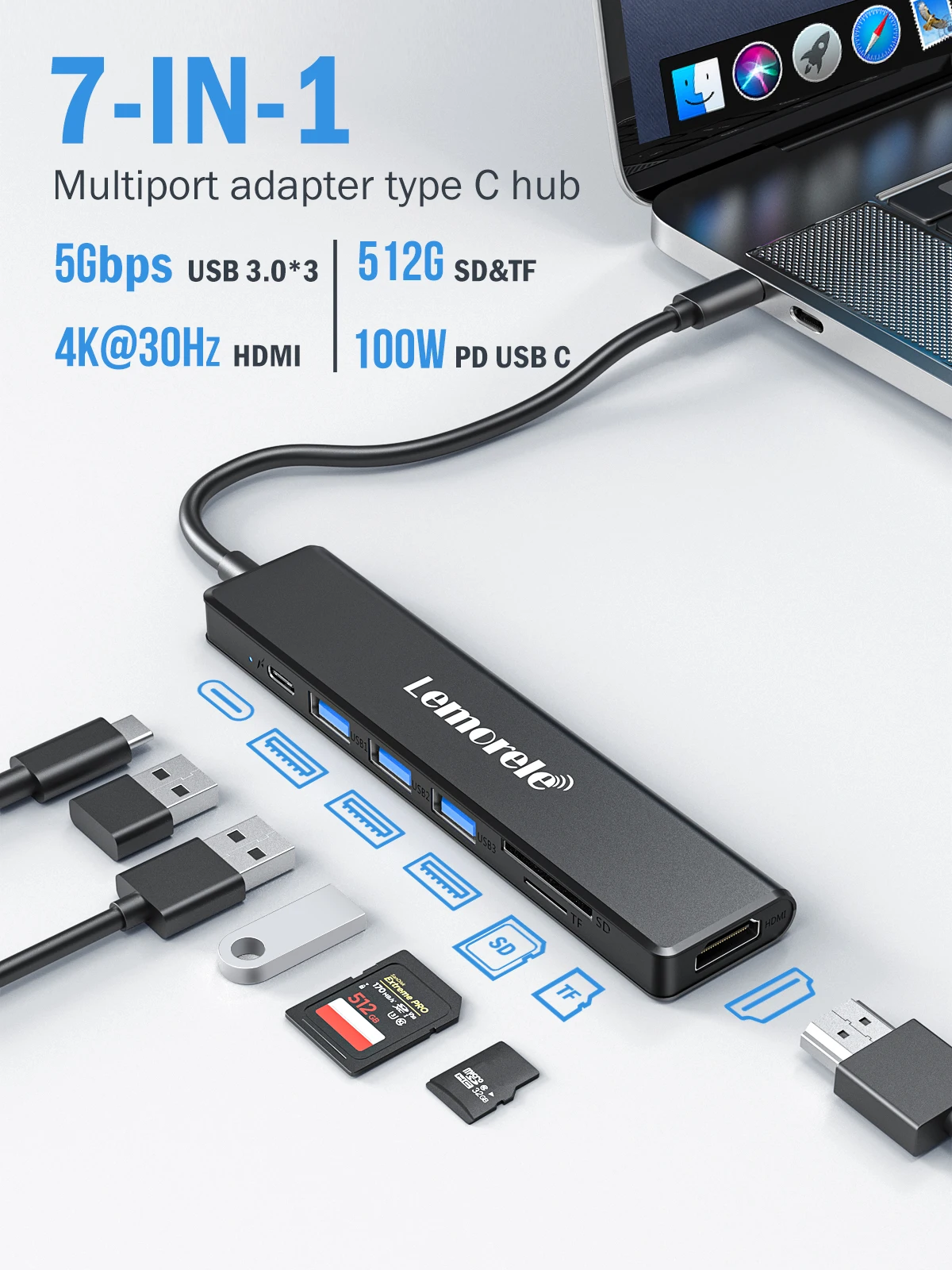 

Lemorele 7-in-1 USB HUB to HDMI 4K@30Hz Dual Display USB 3.0 adaptateur With SD TF PD 100W Docking Station for Window Mac Hub
