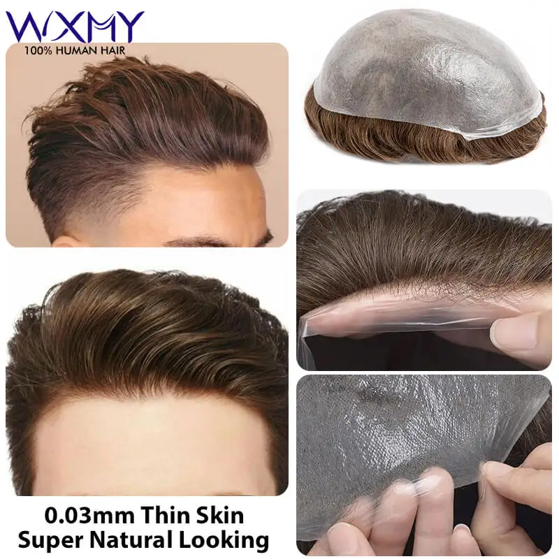 

Toupee Men Ultra 0.03mm Thin Skin Invisible Hairline Male Hair Prosthesis 100%Natural Human Hair Replacement System Wigs For Men