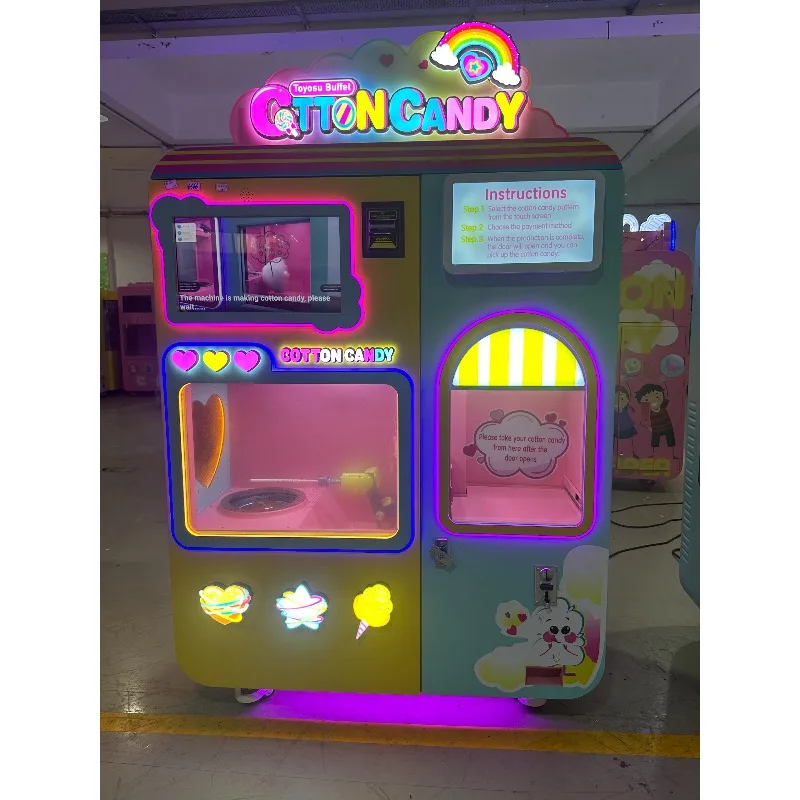 Custom Cotton Candy Vending Machine 12kg Sugar Storage 380 Cotton Candies Card QR Code Cashless Payment for Arcade