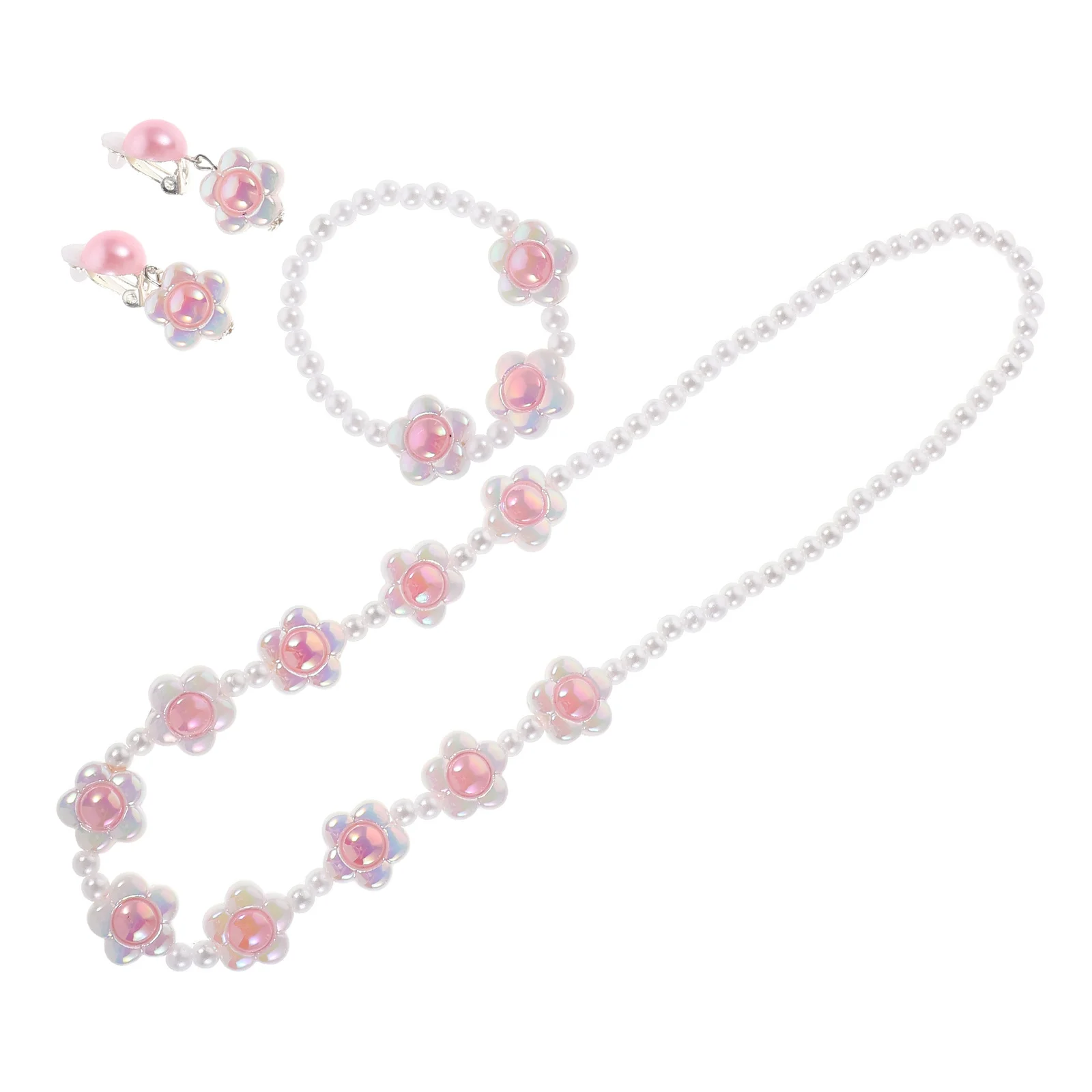 مجموعة واحدة من مجوهرات اللؤلؤ الزهري للفتيات الصغيرات وقلادة وسوار وأقراط ملابس أطفال أنيقة على طراز الأميرة