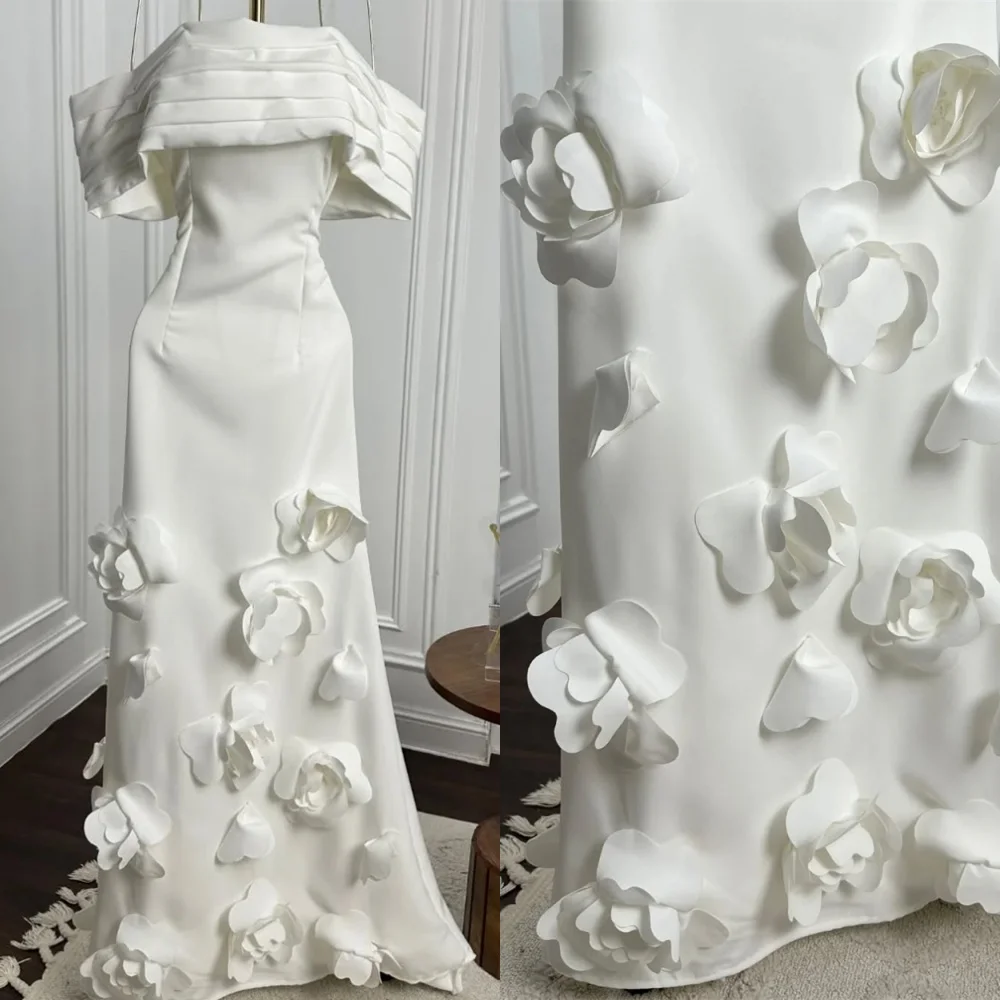 Customized Delicate White Jersey Evening Dress Exquisite Off the Shoulder Flowers Sweep Train Party Dress Vestido De Festa