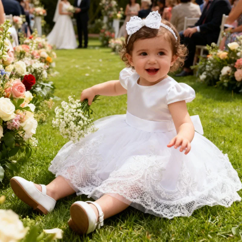 

White Dresses For Baby Girl 1st Birthday Party Dress Backless Bow Cute Baby Baptism Gown Kids Wedding Elegant Princess Dress