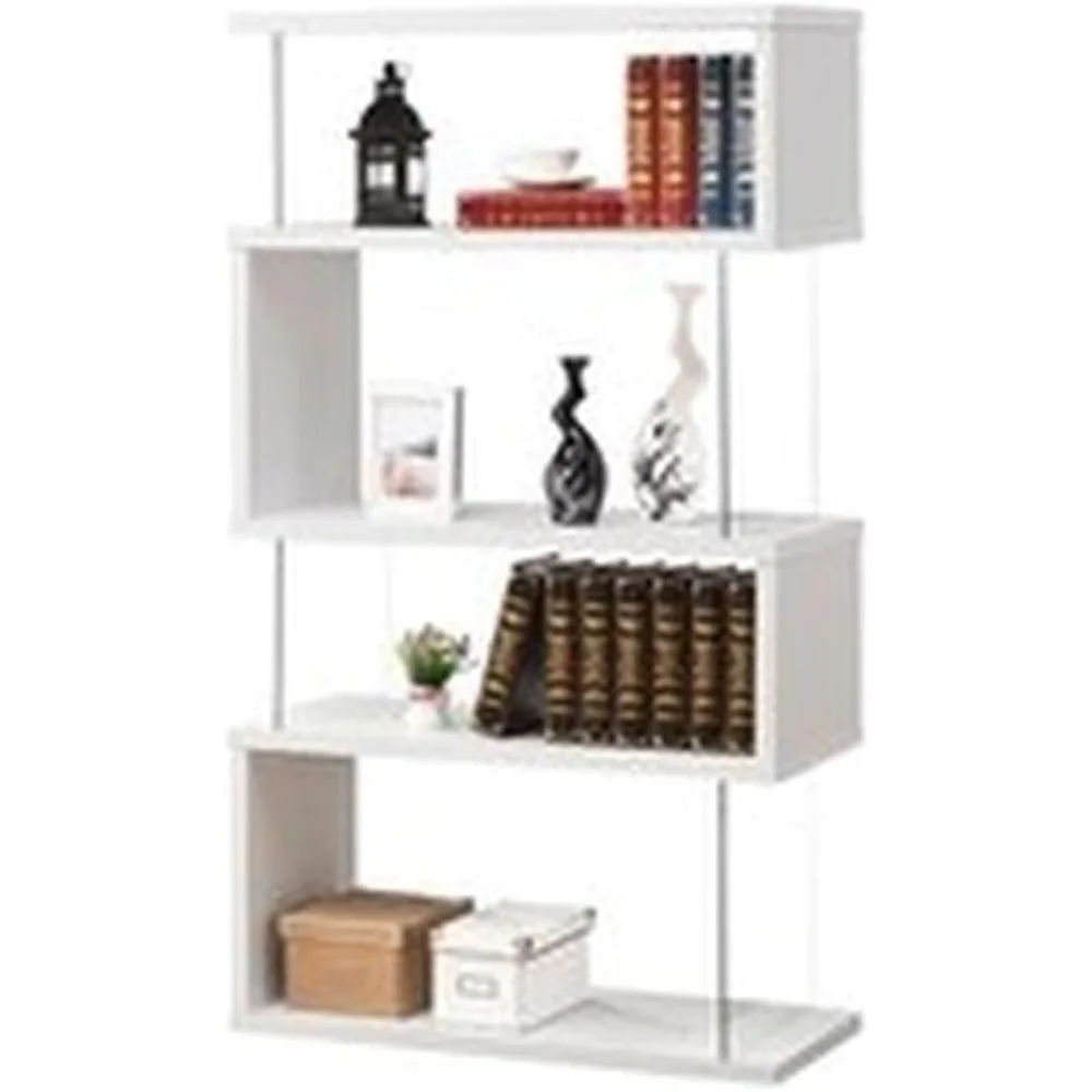 Cool Modern 4 Shelf Asymmetrical Snaking S-Shape Bookcase in Glossy White and Glass