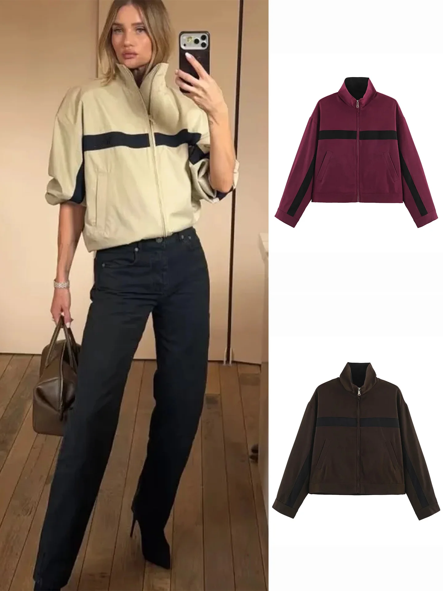 Fall New Arrival Women's Commute Style Loose Stand Collar Long Sleeve Zipper Color Block Short Jacket Outerwear Polyester Fiber