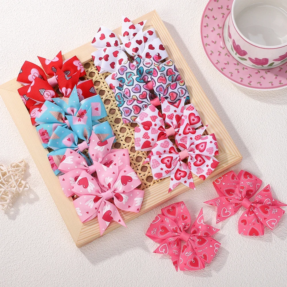 2Pcs/set 3.35‘’ Valentine's Day Printed Bow Hairclips for Women Girls Ribbon Hair Bows Clip Cheer Up Holiday Hair Accessories