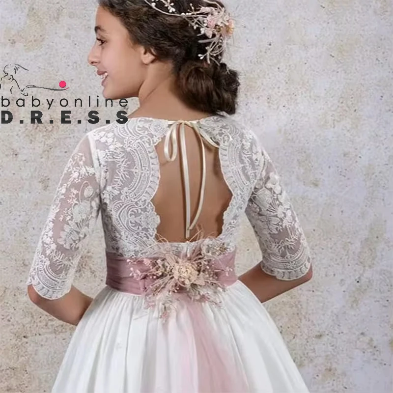 

BABYONLINE Customized Bohemian Fairy Girl Communion Dress Bow Half Sleeved Square Collar Neckline Double Layered Embroidery