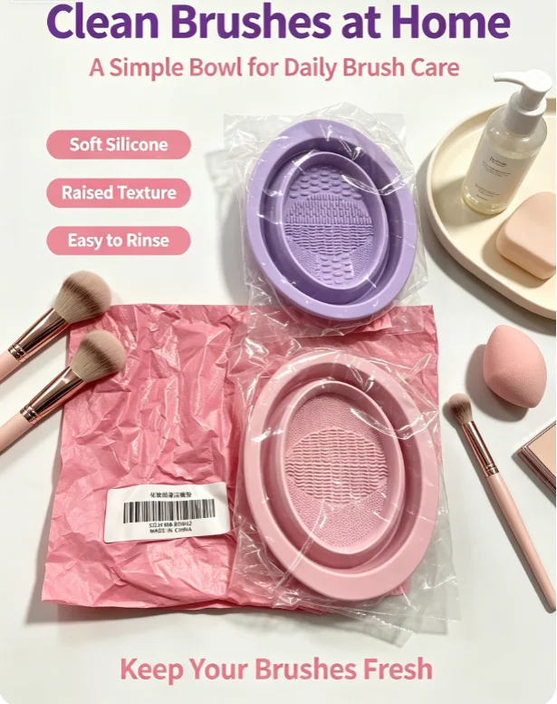 Flexible Silicone Makeup Cleaning Bowl Set, Textured Surface Wash Tray for Beauty Brushes & Sponges, Reusable Easy-Clean Space-Saving Cosmetic Care Accessory view 8